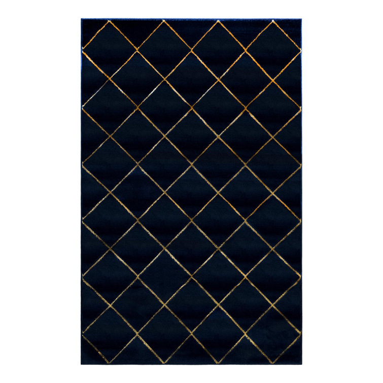 Latitude Run® Checks Nikica Rug Navy Blue and Gold