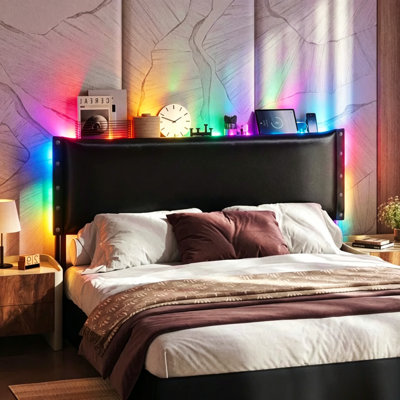 Upholstered Headboard with Smart LED Lights (60,000 DIY Colors), Hidden Storage & USB/Type-C Ports, 3-Level Height Adjustable