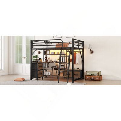 Lit mezzanine avec bureau et DEL, lit mezzanine en métal avec tablettes de rangement, garde-robe et tiroirs de rangement pour garçons filles