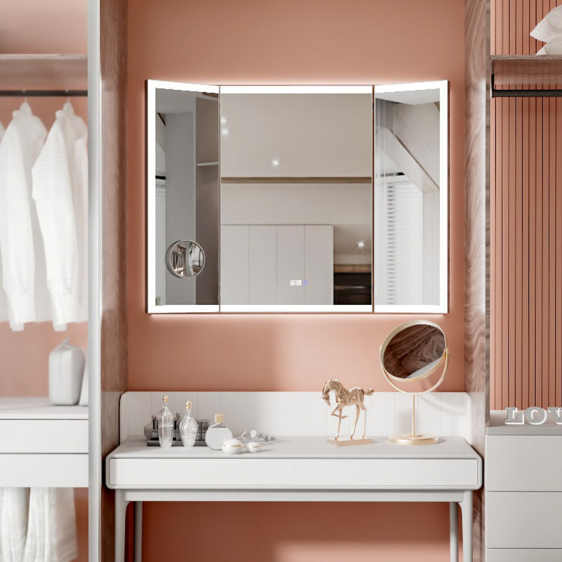 Miroir de maquillage à DEL pliable 48 po x H 36 po à trois volets lumineux avec éclairage à l'avant et à l'arrière avec bandes lumineuses doubles et loupe magnétique 5x