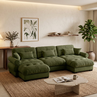 Canapé d'angle modulaire 3 places en forme de U, vert olive, avec 2 poufs amovibles et coussins lombaires