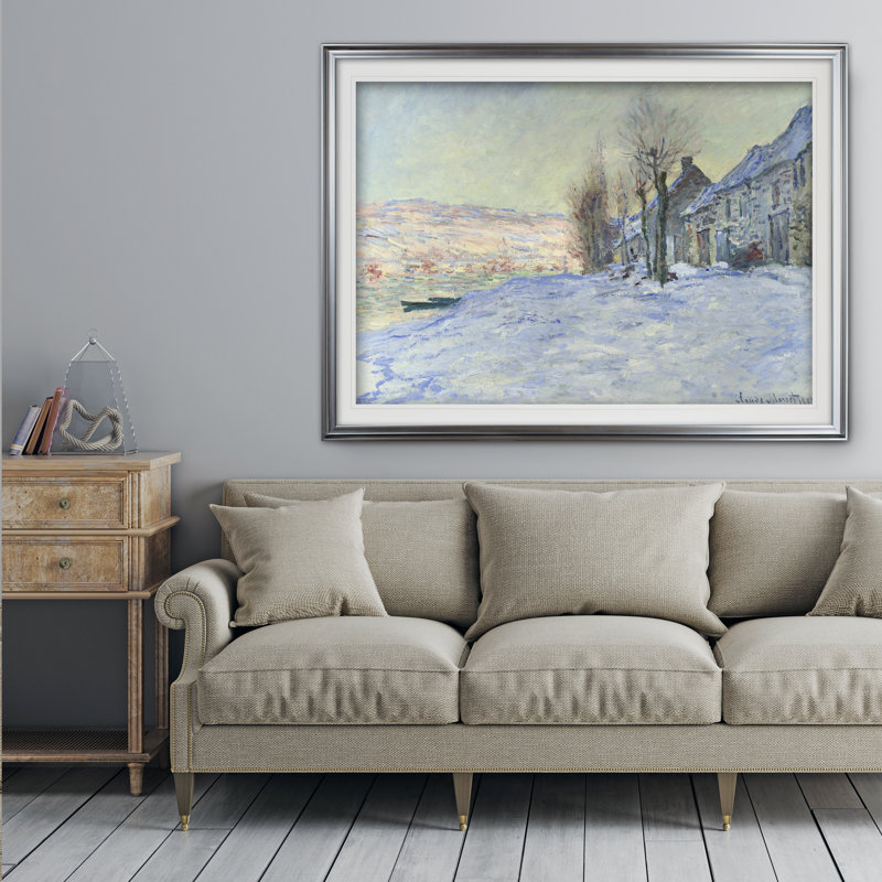 « soleil et neige » par claude monet print, Cadre argenté, H 31 po x l 43 po x P 1,5 po