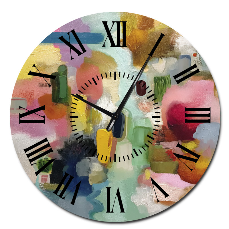 Horloge murale Mid-Century rose en métal avec formes jaunes, Surdimensionné