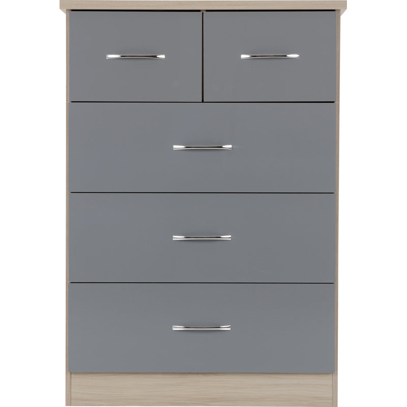 Cascio 5 Drawer Chest Of Drawers, Grey Gloss/Light Oak Effect Veneer