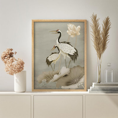 Majestic Cranes Among Lotus Flowers in Traditional Asian Style Illustrations Rustic Framed Poster