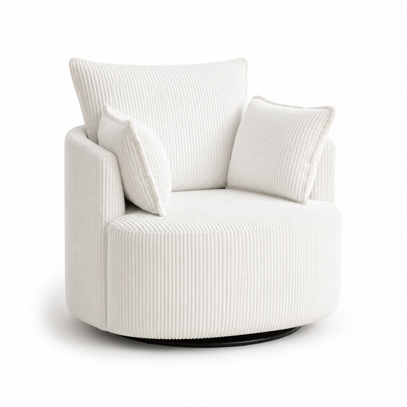 Fauteuil d'appoint moderne pivotant en tonneau avec revêtement en velours côtelé et coussins moelleux, Blanc