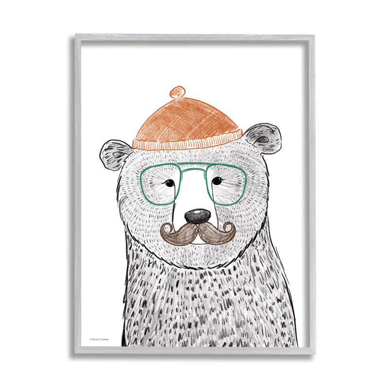 Illustration de l'ours de la forêt pour enfants, hipster, bonnet à moustache, H 14 po x l 11 po x P 1,5 po
