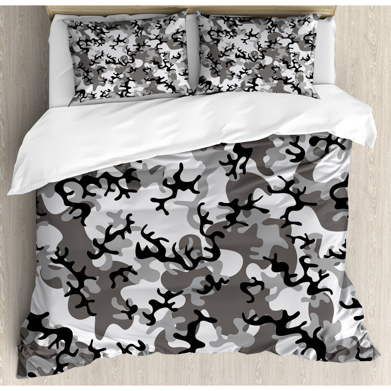 King Size Black and Gray Camouflage Microfiber Duvet Cover Set