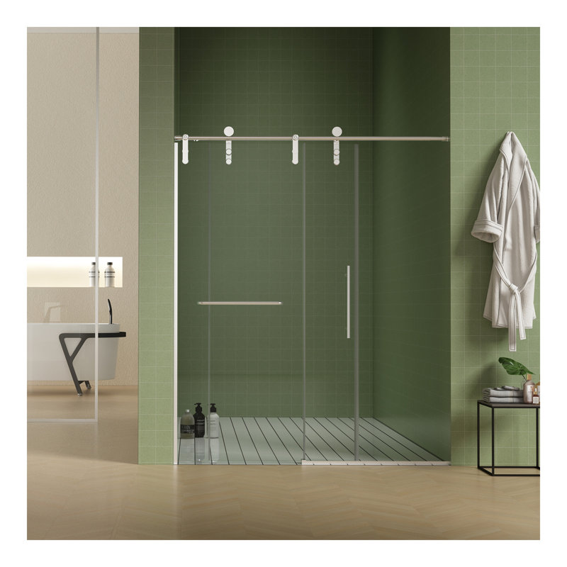 56"-60"W x 70"H Frameless Shower Door, Sliding Shower Door, Premium 5/16"(8mm) Thick Tempered Glass Shower Enclosure with Towel Bar ,Double Side Easy Clean Coat,Brushed Nickel Finished With Buffer