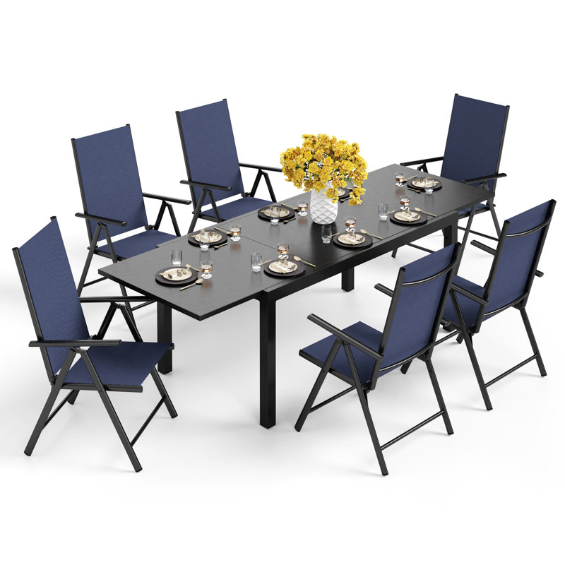Salem 6 - Person Patio Dining Set with Extendable Rectangular Table, Blue/Black