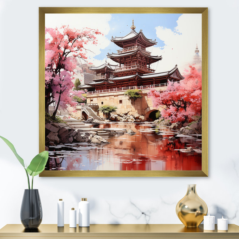 «Spring Spring China Serenity At The Temple I», art mural Chine, Cadre doré simple, H 36 po x l 36 po x P 1,5 po