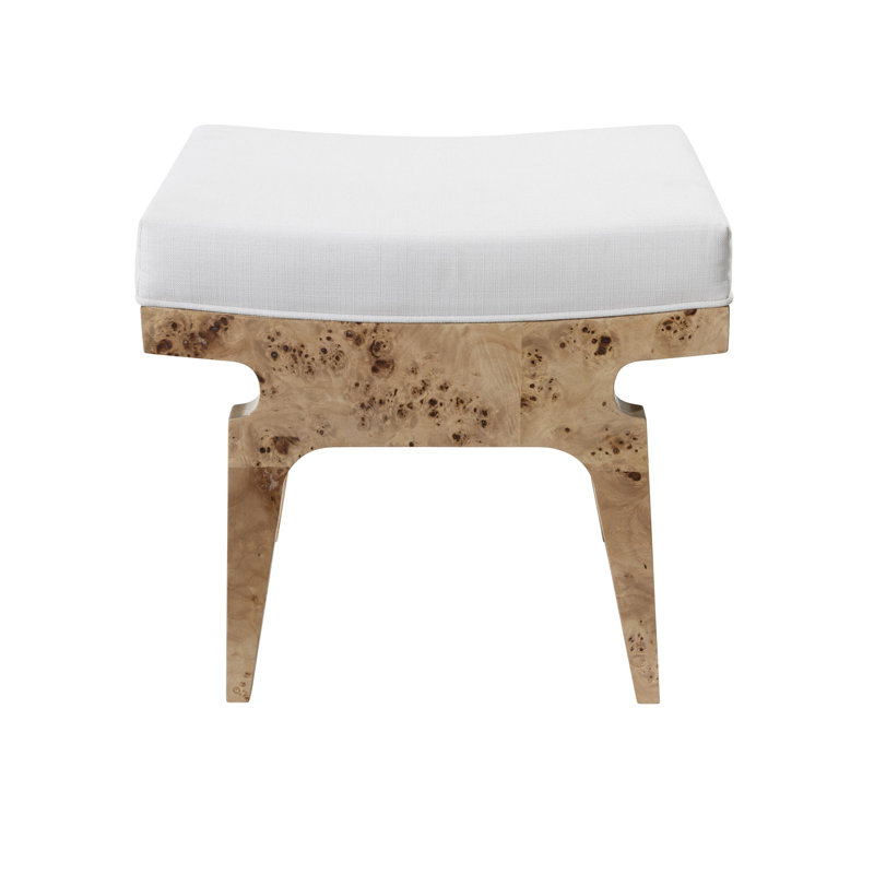 Beige Cerused Oak Rectangular Accent Stool with White Linen Cushion