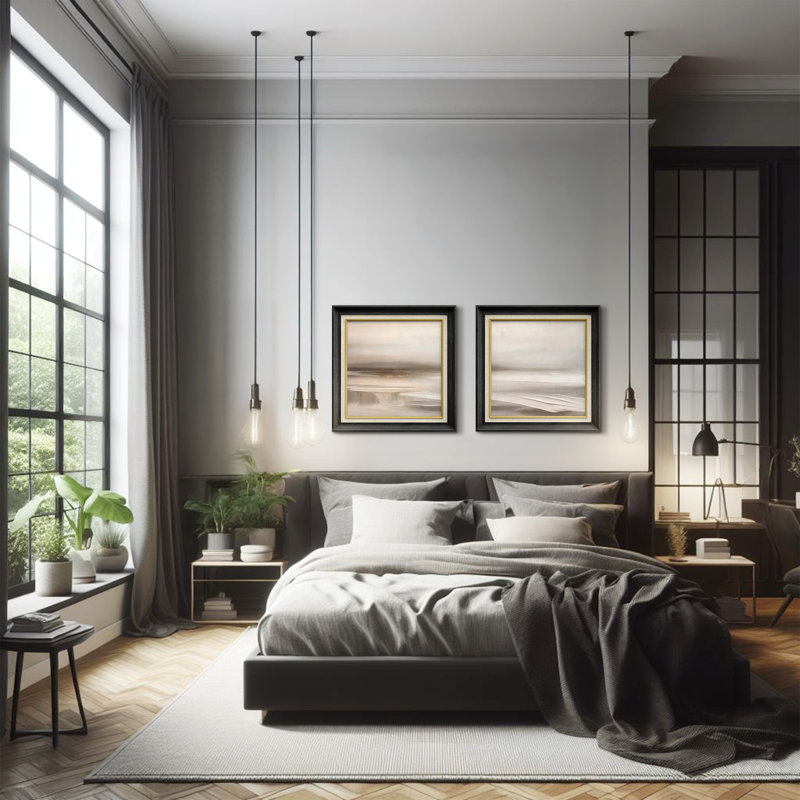 Warm Neutral Beige Soft Abstract Landscape Wall Decor Set Framed Master Bedroom Wall Art Work 2 Pieces Print, 26" H x 26" W