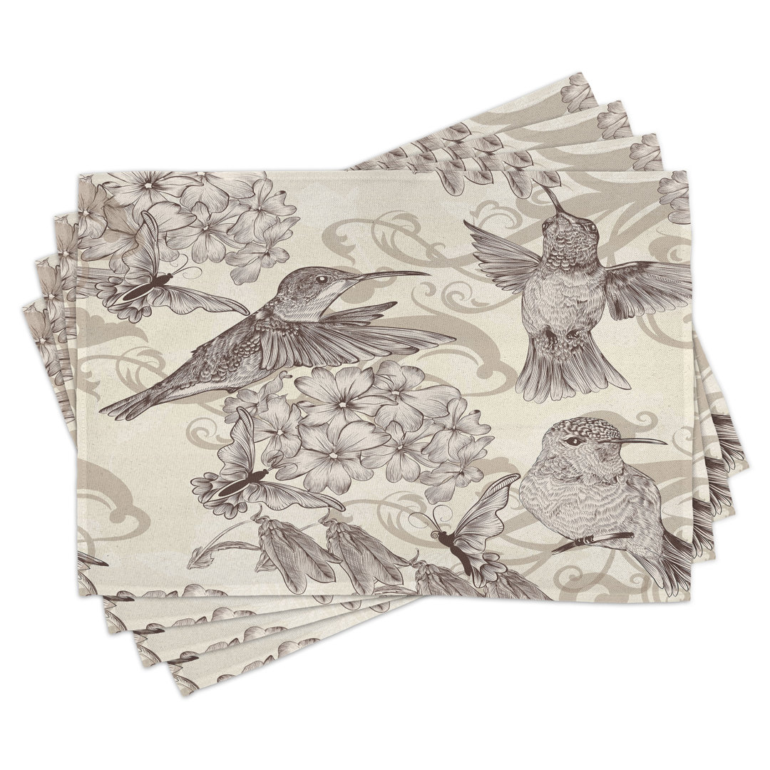 Platzdeckchen 4er Set, Alte Vögel und Blumen, Creme Beige Braun