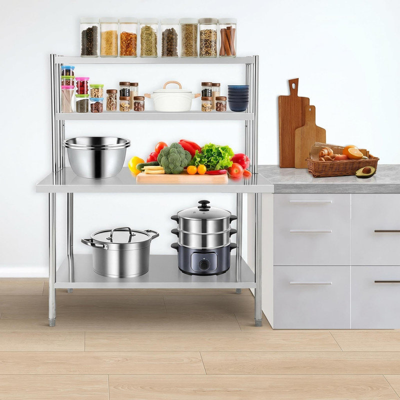 Table de travail en acier inoxydable de 48 po x 30 po x 67 po - Comptoir sans couture et tablettes fixes pour la cuisine, le restaurant ou le garage
