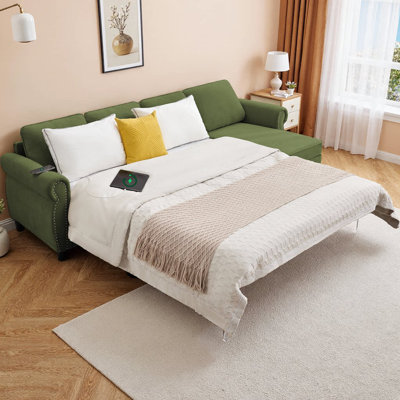 Canapé-lit escamotable en L de 106,5 po CloudHaven, canapé-lit modulaire à 4 places avec chargement sans fil et USB, matelas en mousse à mémoire de forme et chaise de rangement, tissu de flanelle pour le salon