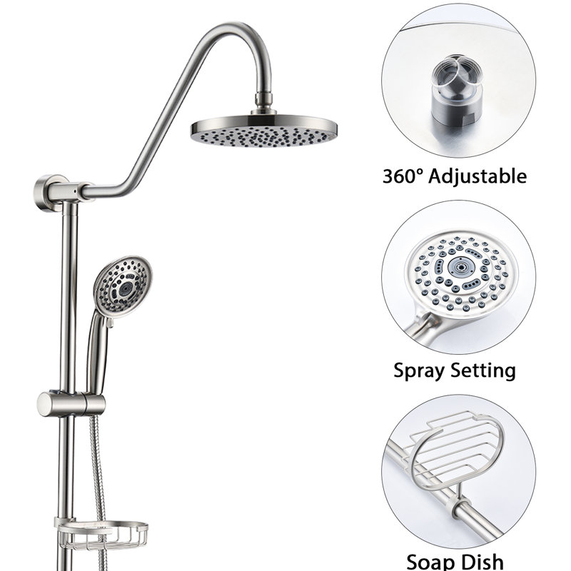 Ensemble de douche en nickel brossé avec tête de 8 po et bec pivotant pour plus de commodité