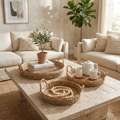 Decorative Basket Trays for Entryway and Home Decor Display - Centerpiece Organizer for Dining and Coffee Table - Set of 3, 20",18", 16", Brown & Tan