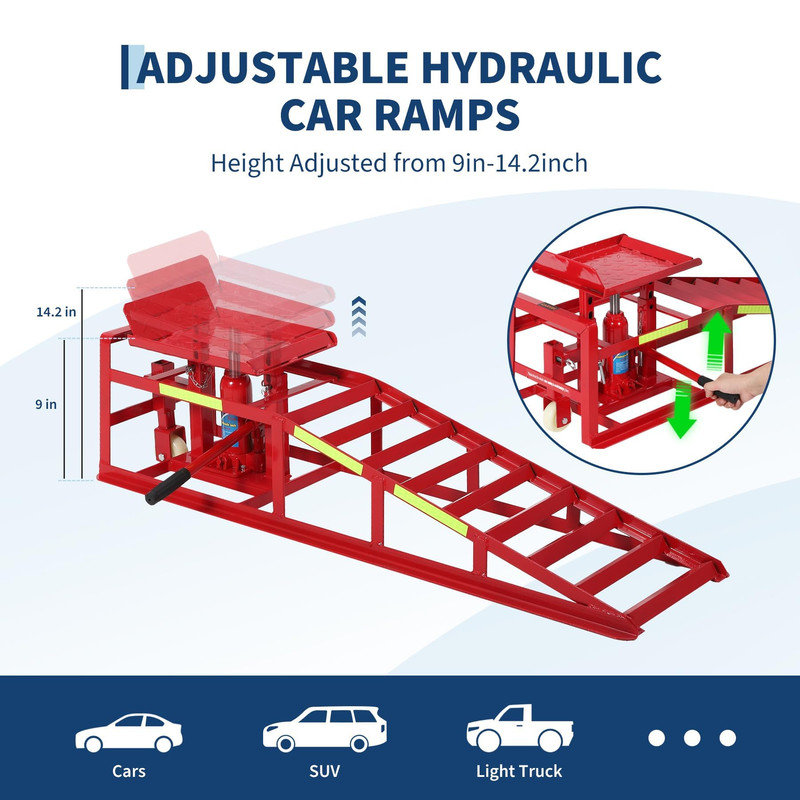 Rampes hydrauliques robustes pour véhicules (lot de 2) – Capacité de 5 tonnes, hauteur de levage réglable de 23 à 38 cm pour VUS, camions et berlines, avec surface antidérapante et bandes réfléchissantes pour une vidange d'huile et des travaux sur les pneus en toute sécurité