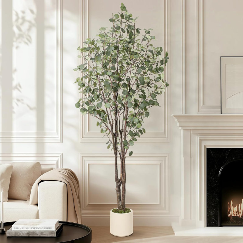5-7FT Artificial Eucalyptus Tree with LED Lights & White Planter, 60" H x 27.56" W x 27.56" D