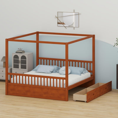 Classic Canopy Bed with Built-In Slide-Out Drawers