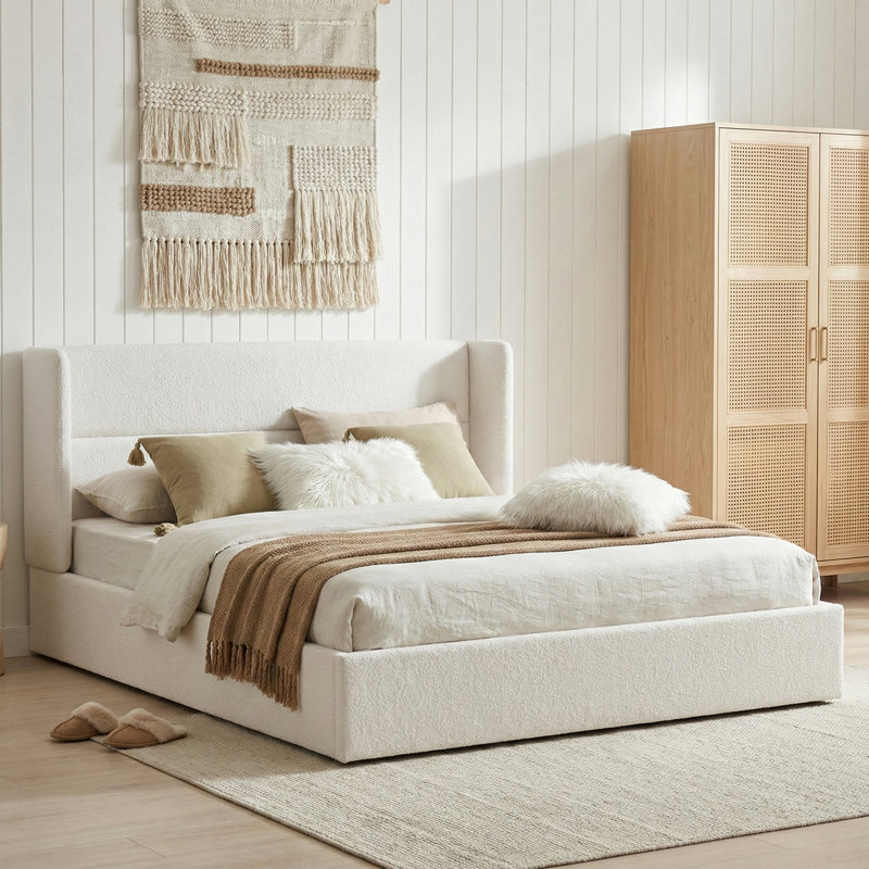 Lit plateforme tapissier avec rangement Gaillarde, Grand, Blanc