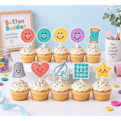 Button Buddies Cupcake Toppers, Colorful Sewing Craft Buttons Thread Spool and Stitched Heart Party Picks