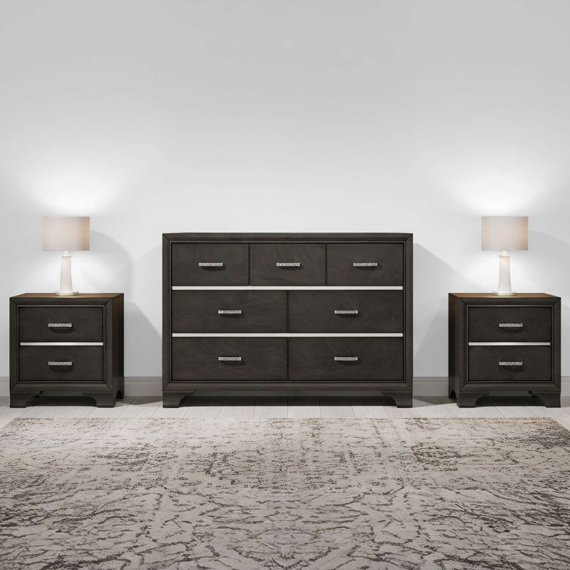 Ensemble de rangement de chambre à coucher moderne gris anthracite avec commode et 2 tables de chevet