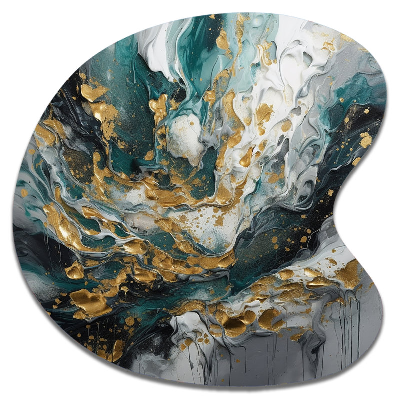 Encre sarcelle dorée sur pierre - décoration murale asymétrique abstraite en métal, impression d'art moderne de forme irrégulière