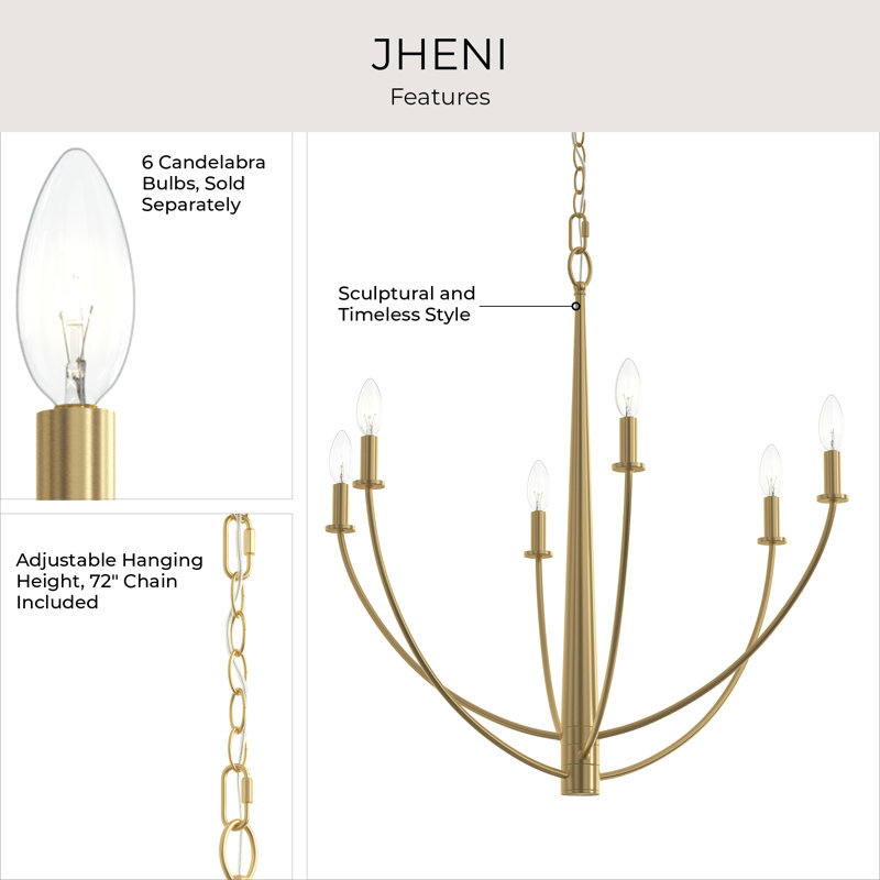 Jheni Six-Light Brushed Gold Chandelier, Brushed Gold, 28