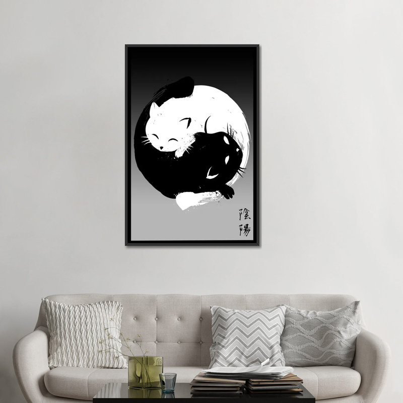 Yin Yang Cats, Toile avec cadre flottant noir, Pas de tapis, H 48 po x l 32 po x P 1,5 po