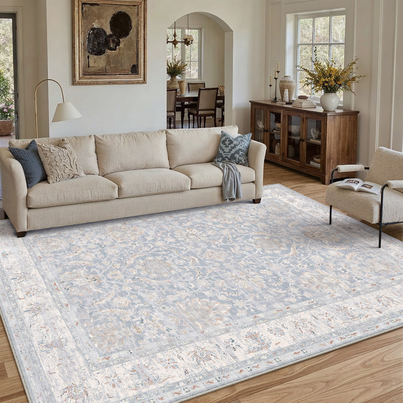 Quinn Vintage Washable Area Rug With Non-Slip Backing, Rectangle 6' x 9', Blue
