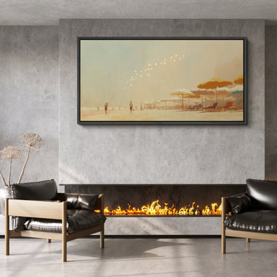 Vintage Beach Scene Framed Canvas - Retro Umbrella and Shoreline Artwork in Warm Tones