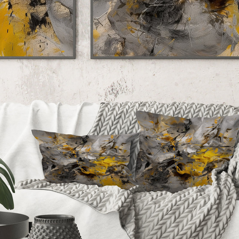 Coussin Bliss Of Happiness en gris et jaune I - Abstract Collages, 16" x 16"