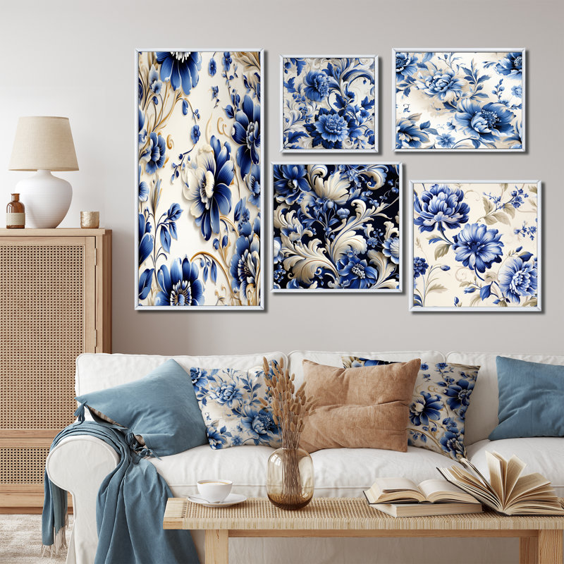 Conisbrough - Ensemble de salon mural art floral de 5, Cadre flottant blanc