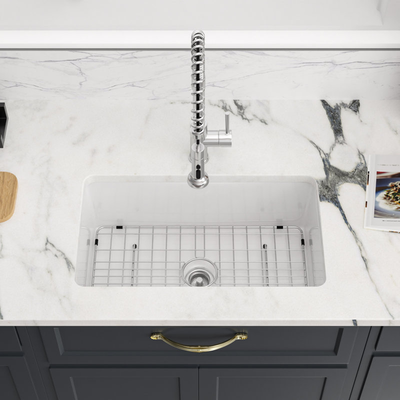 27 x 19 In. Rectangular White Fireclay Dual Drop In/Undermount Kitchen Sink Single Bowl Deep Ceramic Sink