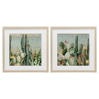 «Cactus Blooms parmi les épines», ensemble de 2 impressions sous verre encadrées, design par Luna Mavis