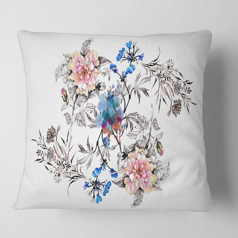 Fleurs sauvages bleues et roses - coussin traditionnel imprimé, 18" x 18"
