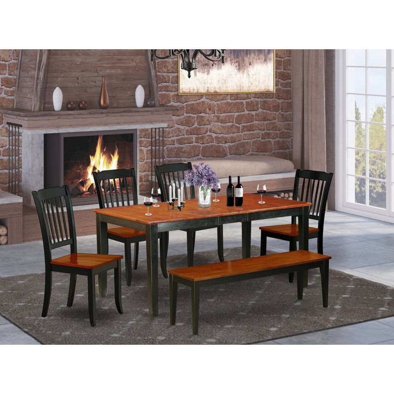 6 Piece Kitchen Table Set Contains a Rectangle Dining Table with Butterfly Leaf and 4 Dining Chairs with a Bench, Black & Cherry