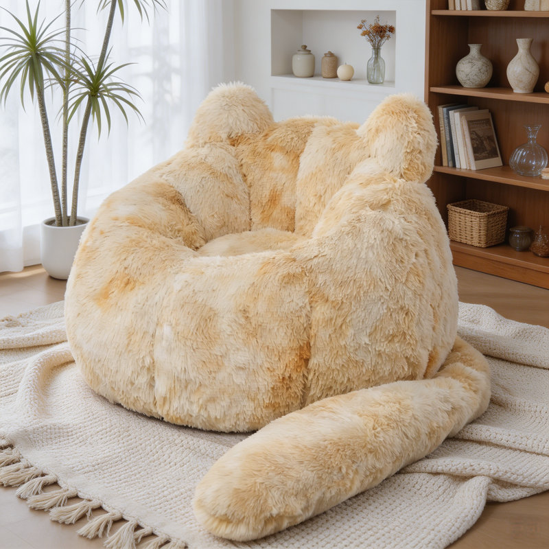 Fauteuil à billes en fausse fourrure l 41,5 po en forme de chat avec coussin de queue, Beige