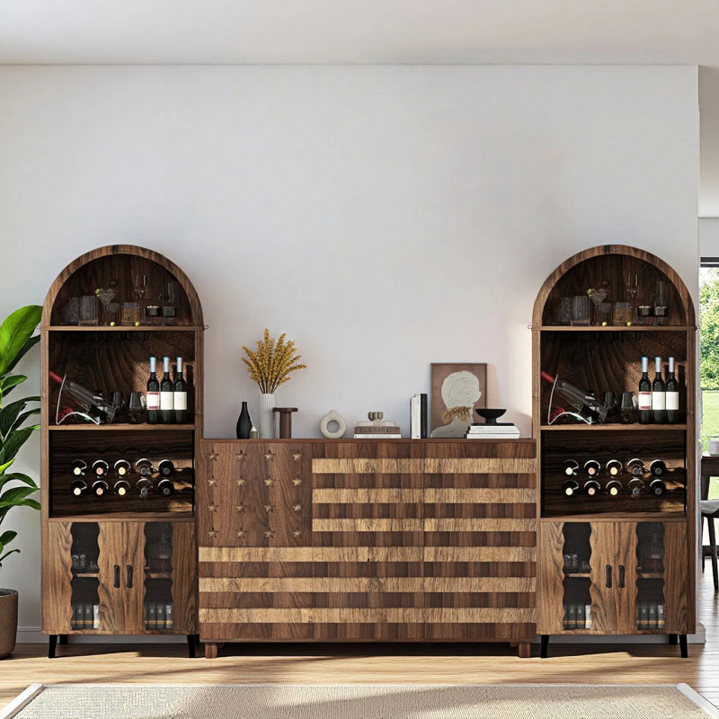 3 Pieces Bar cabinet Set With Storage, 71"FarmhouseBar Cabinet,55"Buffet Sideboard Cabinet With 2 Drawers And 3 Doors