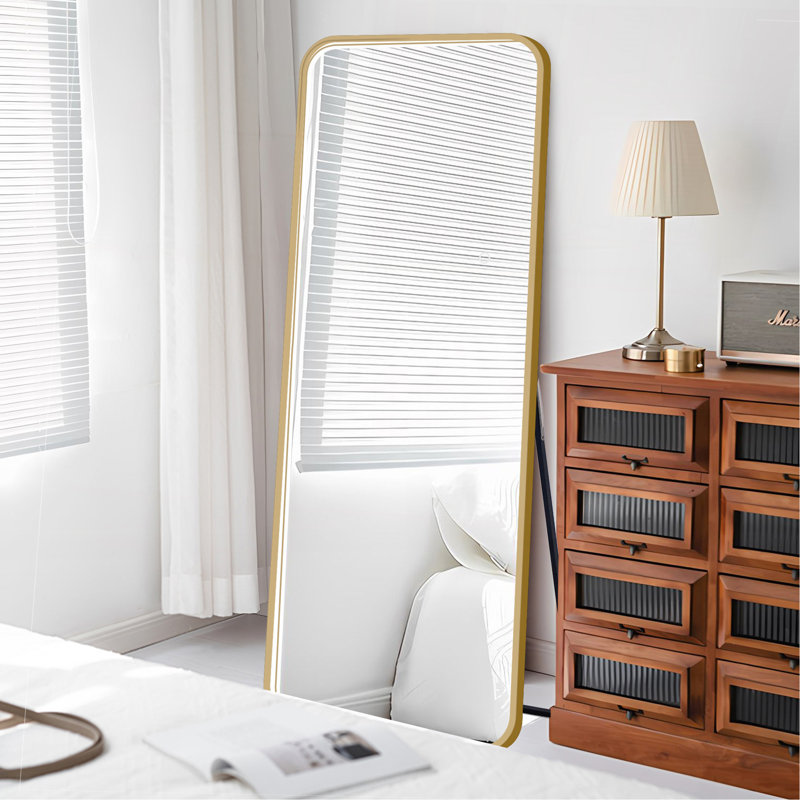 Miroir pleine longueur à DEL avec lumières - 3 lumières à intensité variable, cadre doré, miroir de plancher autoportant pour la chambre à coucher, le salon et la boutique de mariage