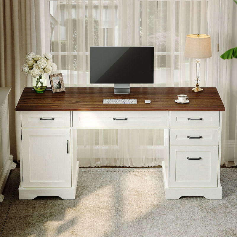 Executive Desk with Built-In Electrical Outlet, Brown/Ivory