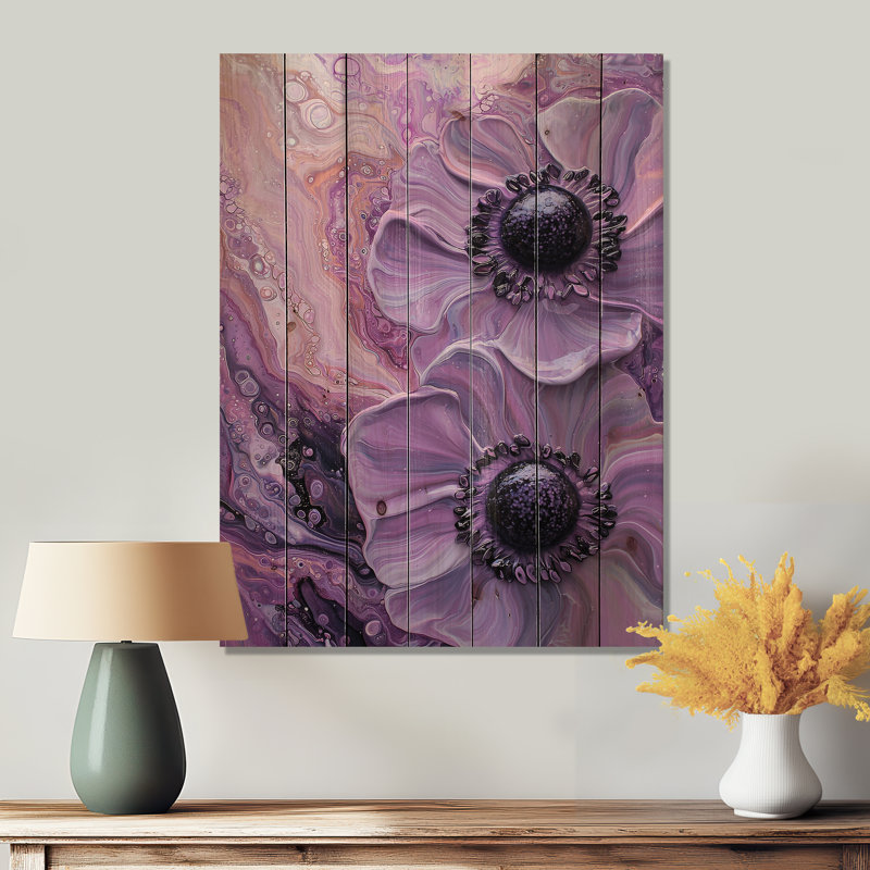 Lavande anémone sérénité II - coquelicots, art mural sur bois de pin naturel, H 40 po x l 30 po x P 0,78 po
