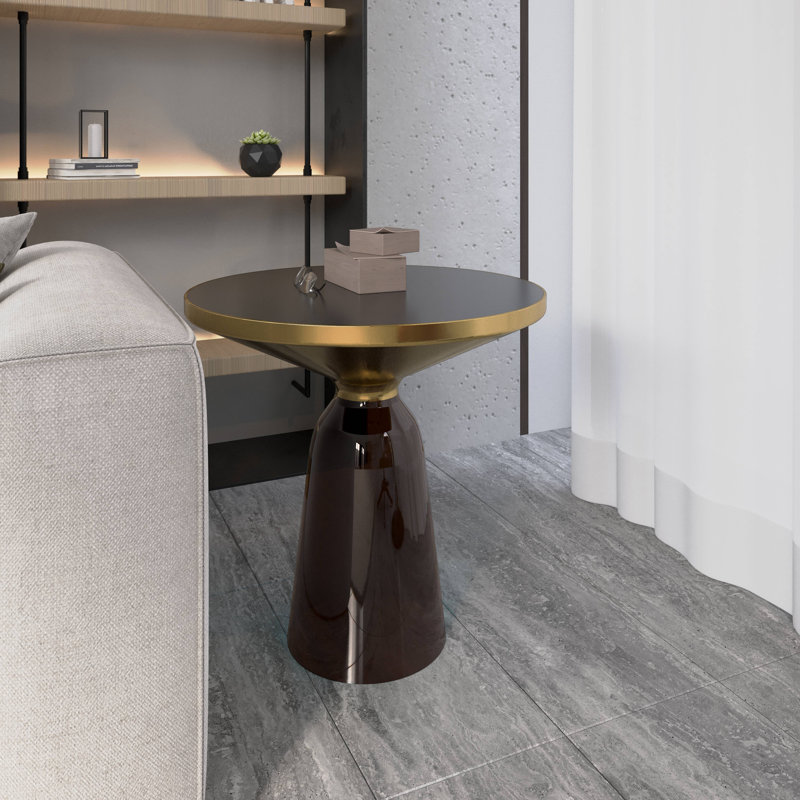 19" Round Side End Table Glass/Sintered Stone Top With Brushed Gold Rim And Tempered Glass Base, Black , Gray