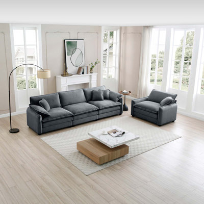 Ensemble de canapé de style Mid-Century moderne comprenant deux, un canapé 3 places et un canapé simple avec 2 accoudoirs et 4 coussins décoratifs, ensemble de canapé 2 pièces pour le salon, tissu en velours côtelé gris