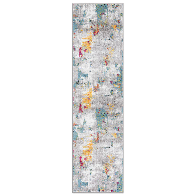 Mizpah Abstract Area Rug in Gray/Orange/Ivory, Runner 2' x 7'