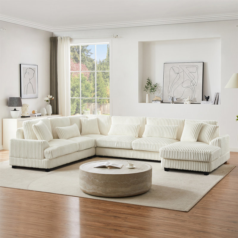 Canapé modulaire surdimensionné en U avec velours côtelé doux et méridienne pour salon moderne, Beige