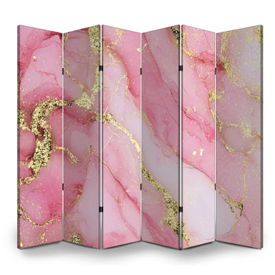 Cloison pliante 6 panneaux à paravents en marbre rose royal avec accents fluides et toile à encre fluide séparateur de pièce autoportant