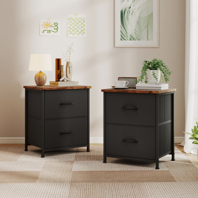  Nightstand Set of 2, Small Boutique 2 Drawer Dresser, Lightweight and Portable Bedside Table End Table for Bedroom Kids Closet Dorm Guest Room Living Room, Black Rustic Brown